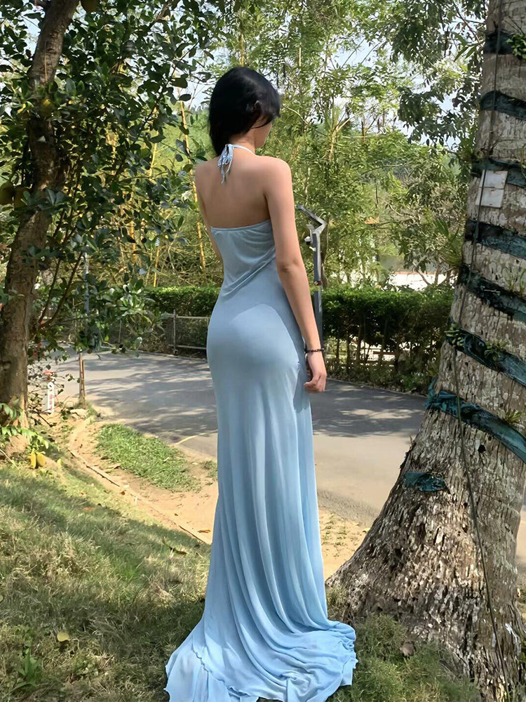 Blue Mesh Stretch Maxi Dress