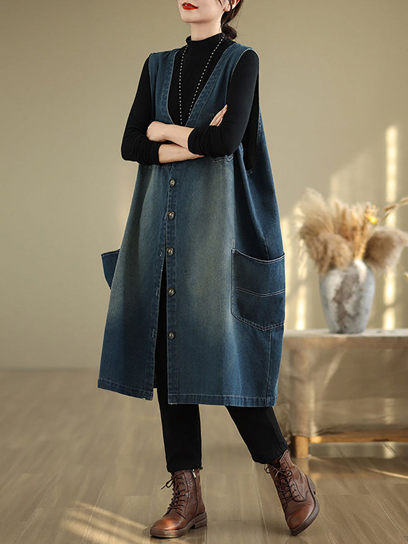 Summer Spliced V-neck Button-up Denim Vest Coat At1007
