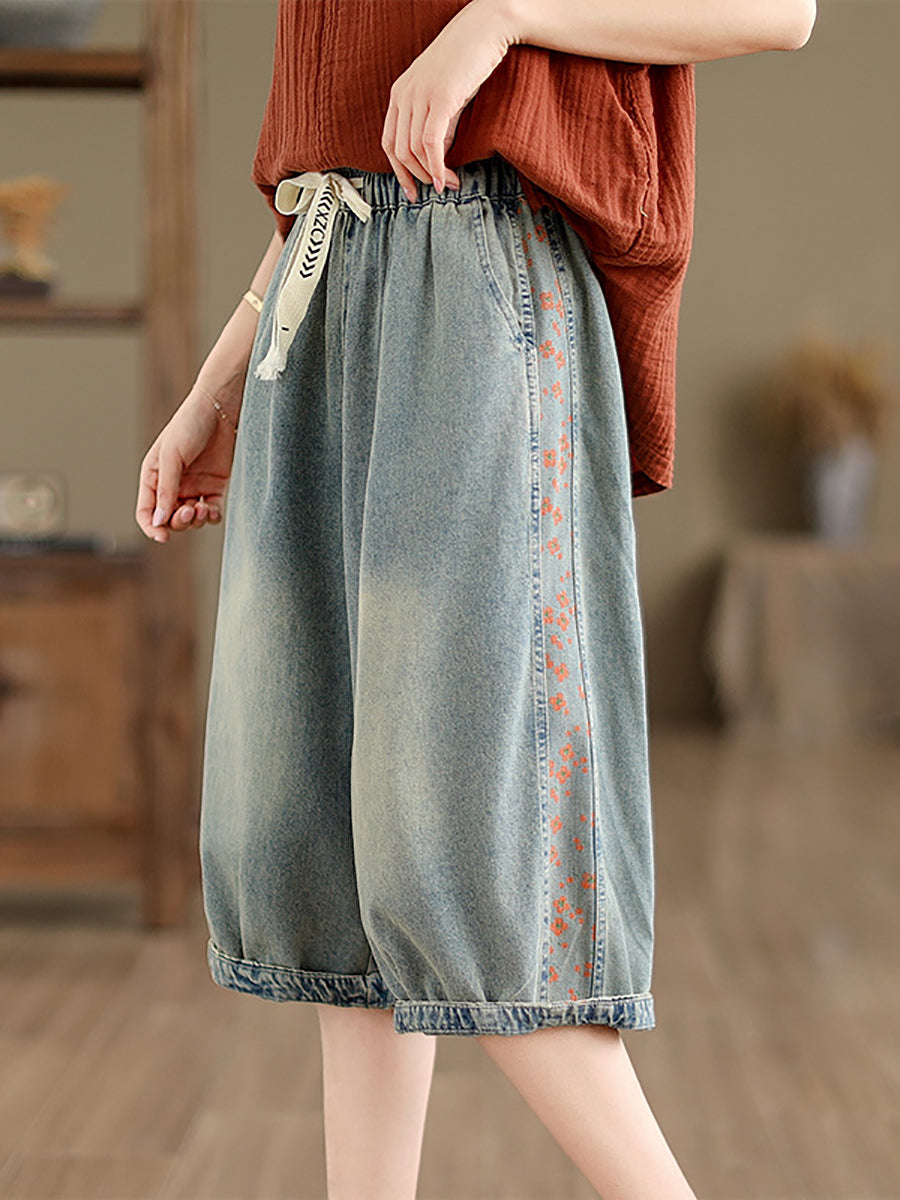 Summer Spliced Washed Denim Knee Length Pants Op1039