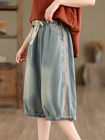 Summer Spliced Washed Denim Knee Length Pants Op1039