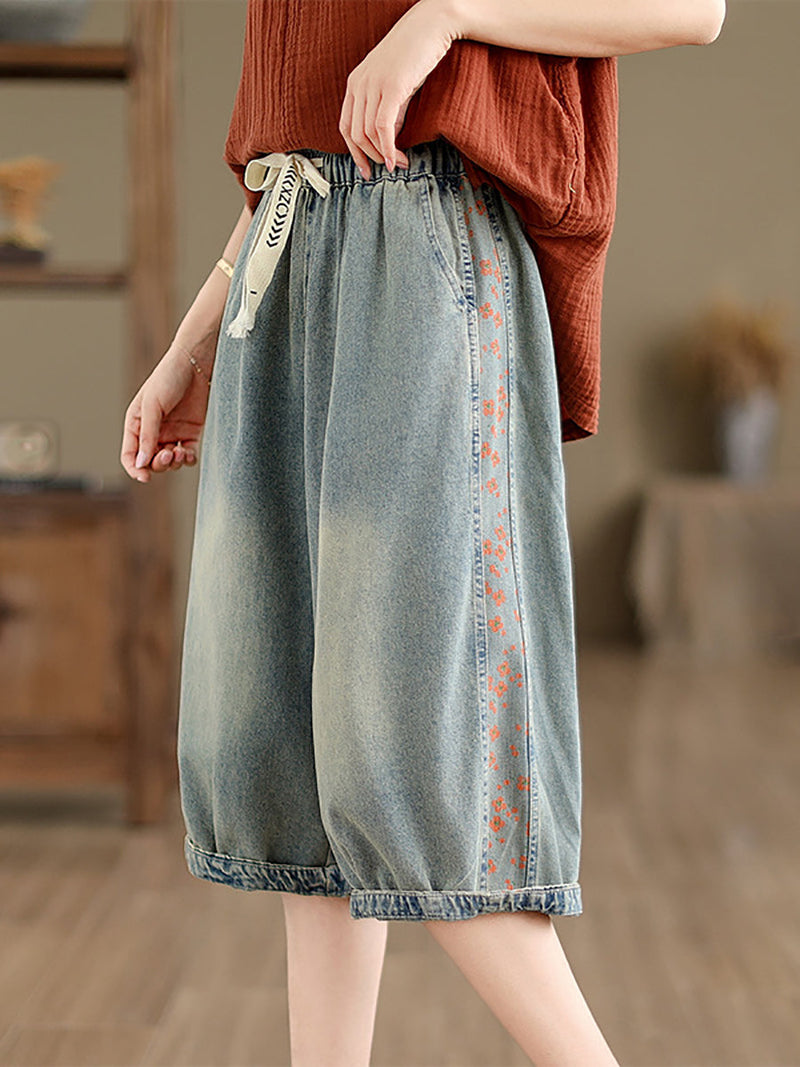 Summer Spliced Washed Denim Knee Length Pants Op1039