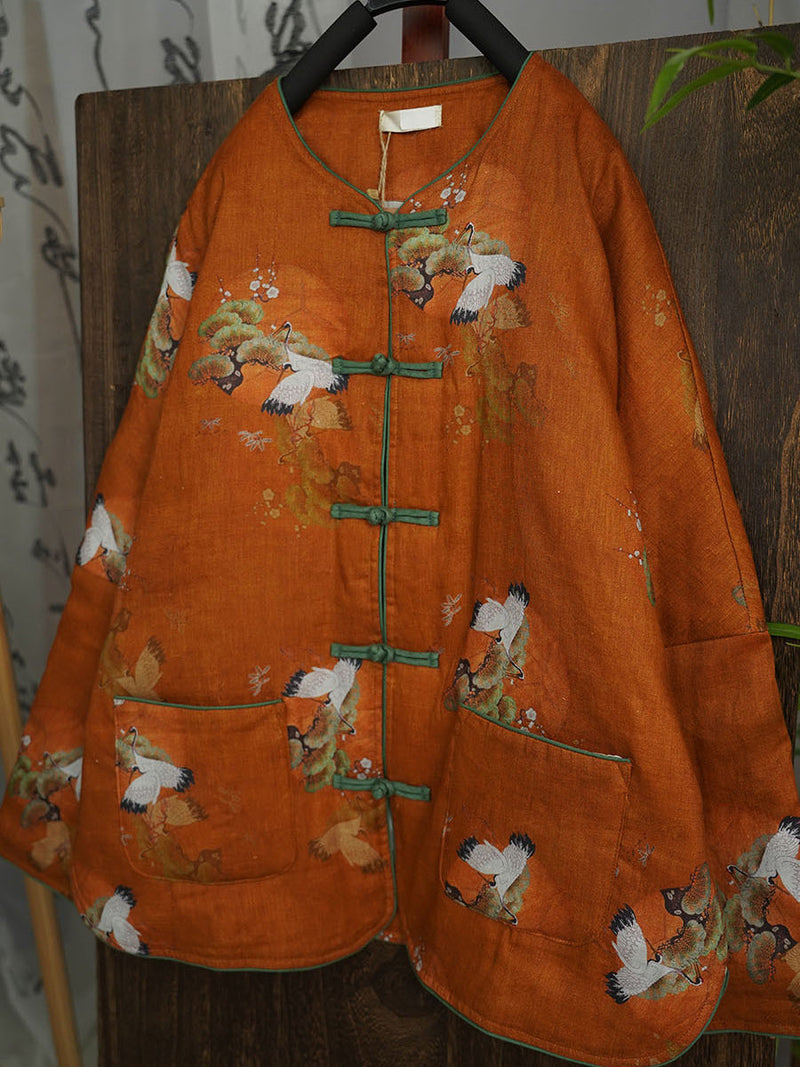 Crane O-neck Print Linen Padded Coat Qu005