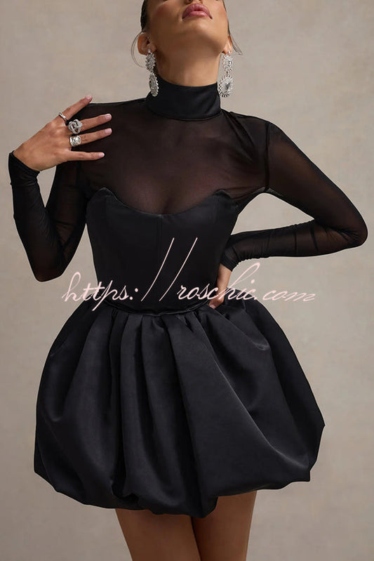 Mesh High Neck Long Sleeve Puff Hem Slim Mini Dress