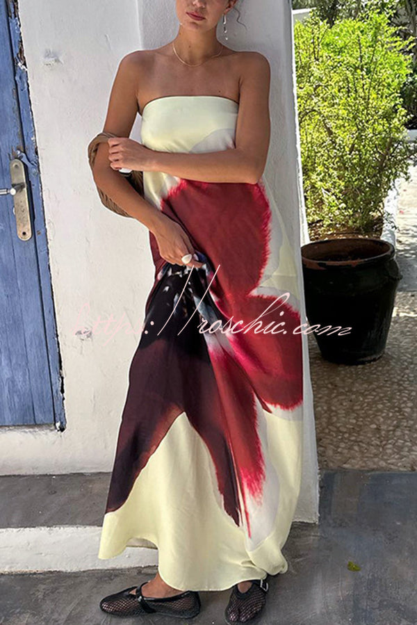 Print Strapless Backless Belt Maxi Dress