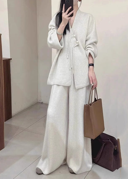Brief Light Grey V Neck Button Knit Coats and Pants Two Piece Set Fall Wv028