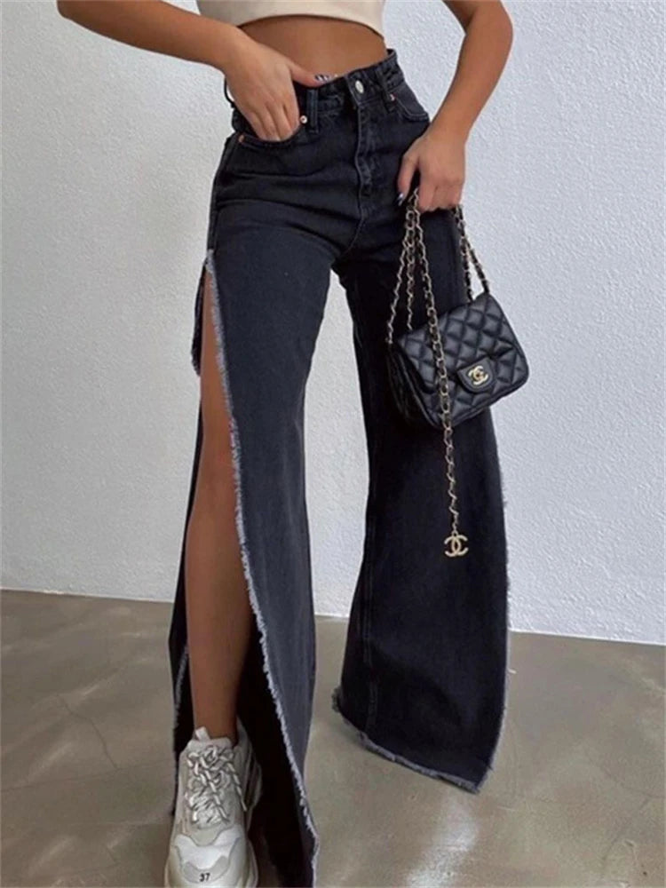 High Waisted Side Split Out Jeans Loose Cargo Black Pants Summer Wide Leg Long Baggy Y2k Jeans