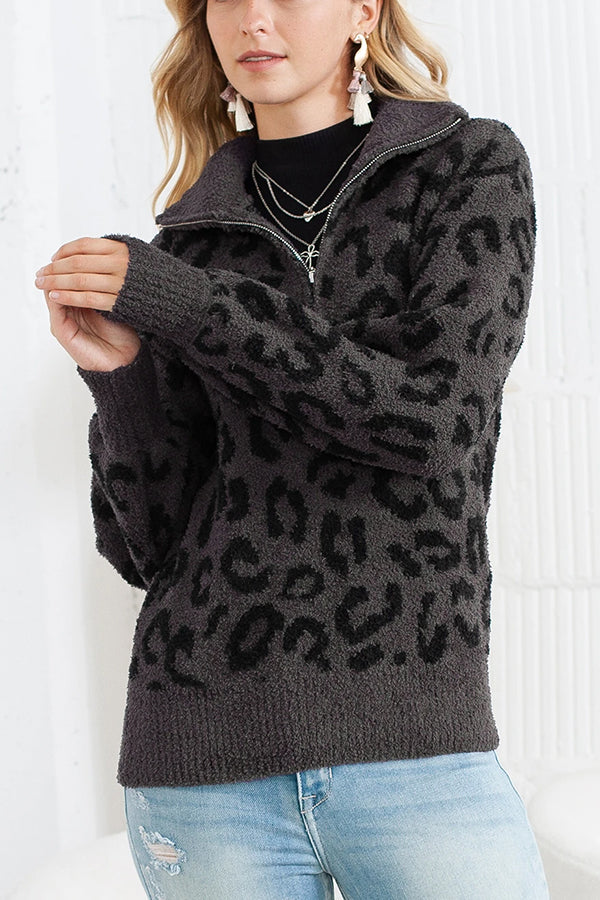 Animal Print Zipped Collared Sweater