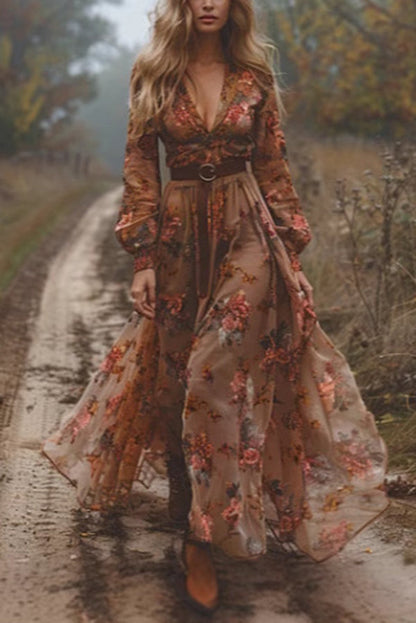 Print Long Sleeve V-neck Waist Maxi Dress