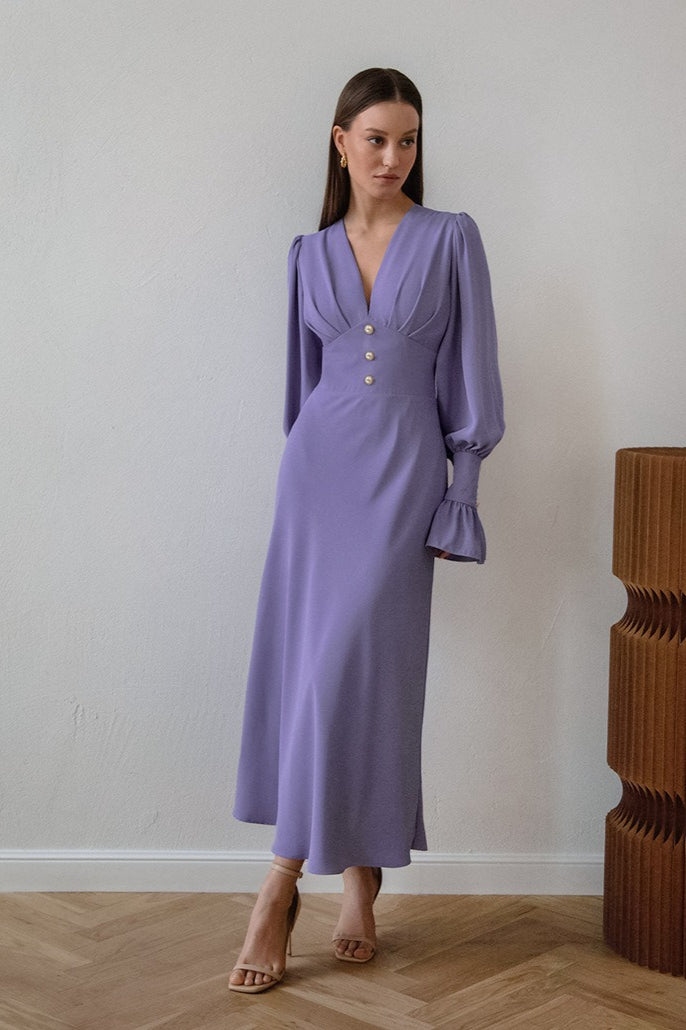 Lantern Sleeve V-neck Bodycon Maxi Dress