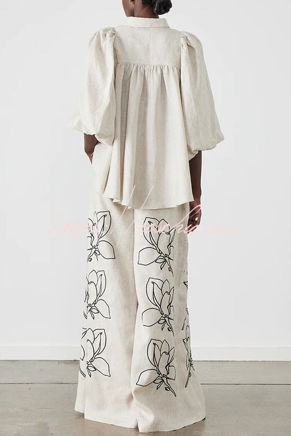 Elaina Linen Blend Print Button Pocketed Wide Leg Palazzo Pant