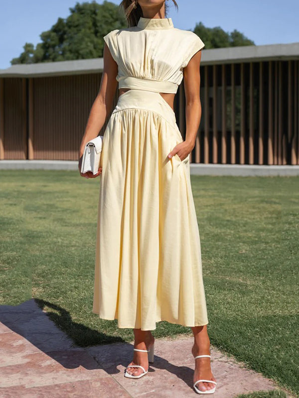 Cap Sleeve Belly-hollow Pleated Color Stand Collar Maxi Dresses