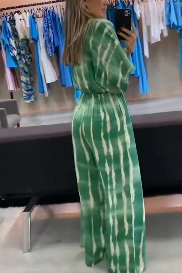 Striped Print V-neck Lace-up Wide-leg Jumpsuit