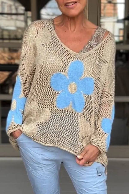 Knitted Hollow V-neck Shirt Mesh Sweater