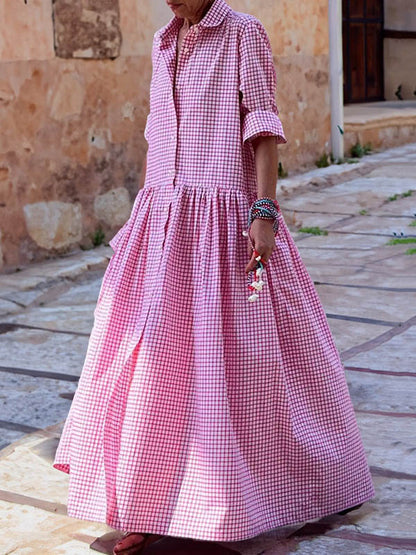 Long Sleeves Loose Buttoned Plaid Pleated Split-joint Lapel Maxi Dresses