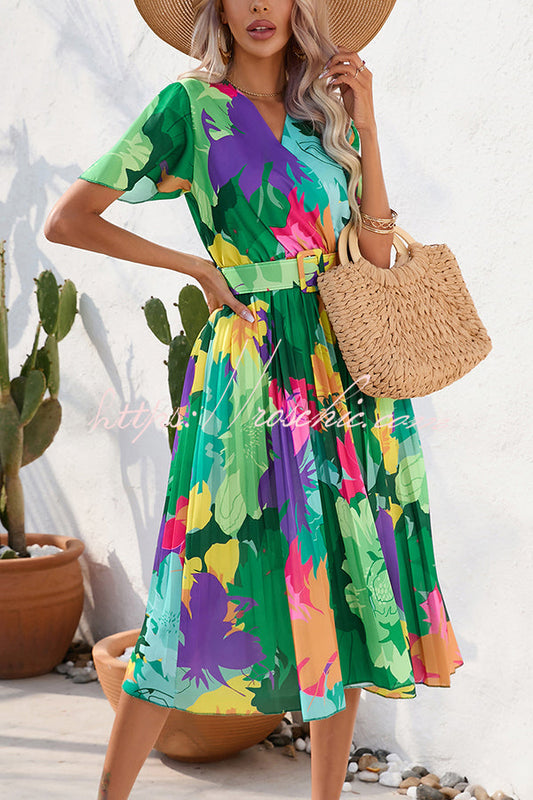 Paulette Contrast Print Belted Pleated Midi Dress