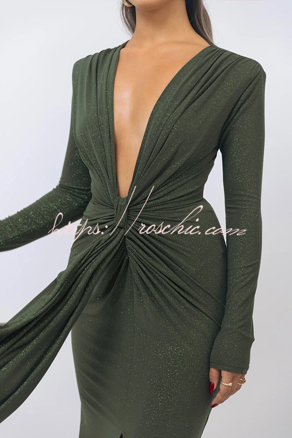 Color Shiny V-neck Long Sleeve Ribbon Slit Slim Fit Maxi Dress