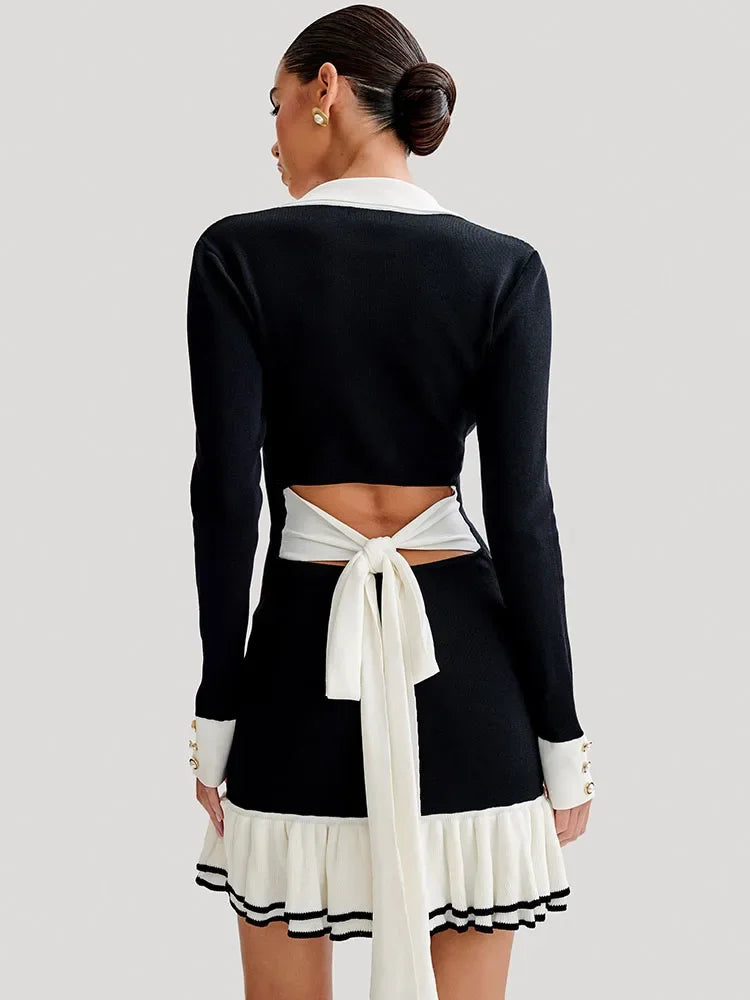 Ruffled Bow Knit Mini Dress ’s Summer Backless Contrast Cardigan Lace-up Dress Female Knitwear Bandage Dress