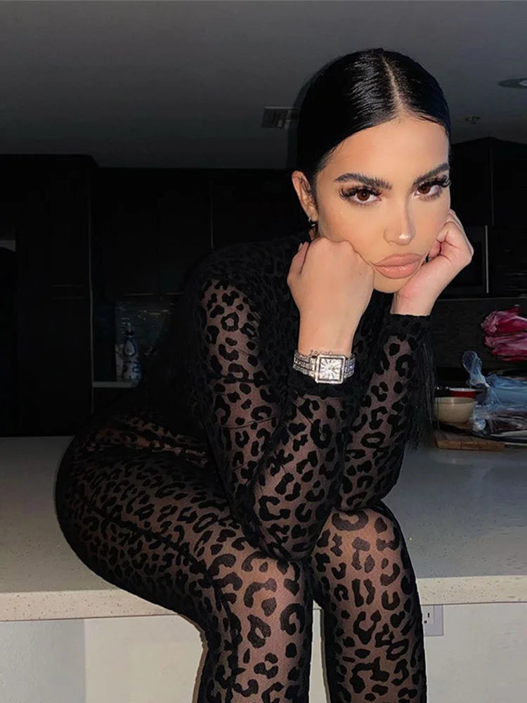 Animal Instinct Mesh Bodystocking Leopard See Through Velour Long Sleeve Rompers Jumpsuit Midnight Clubwear