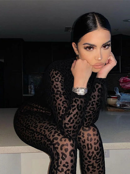 Animal Instinct Mesh Bodystocking Leopard See Through Velour Long Sleeve Rompers Jumpsuit Midnight Clubwear