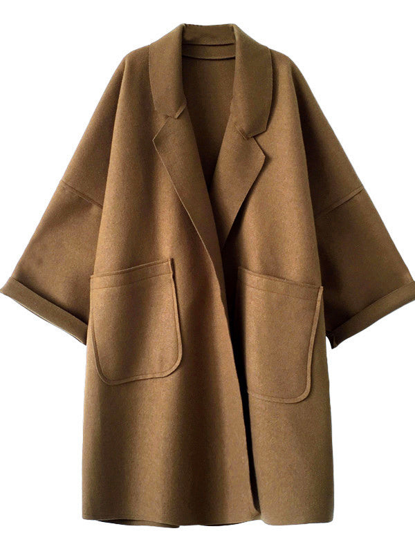 Loose Khaki Notched Collar Buttoned Pockets Long Sleeves Woolen Coat Ws013