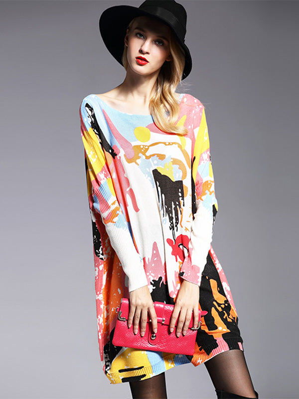 Wool Blend Contrast Color Printed Sweater