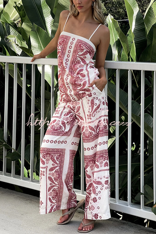 Unique Print Loose Tank Top and Elastic Waist Wide Leg Straight Pants Set