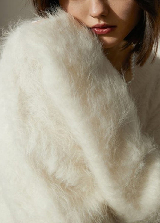 Natural White O-neck Cozy Woolen Knit Sweaters Winter