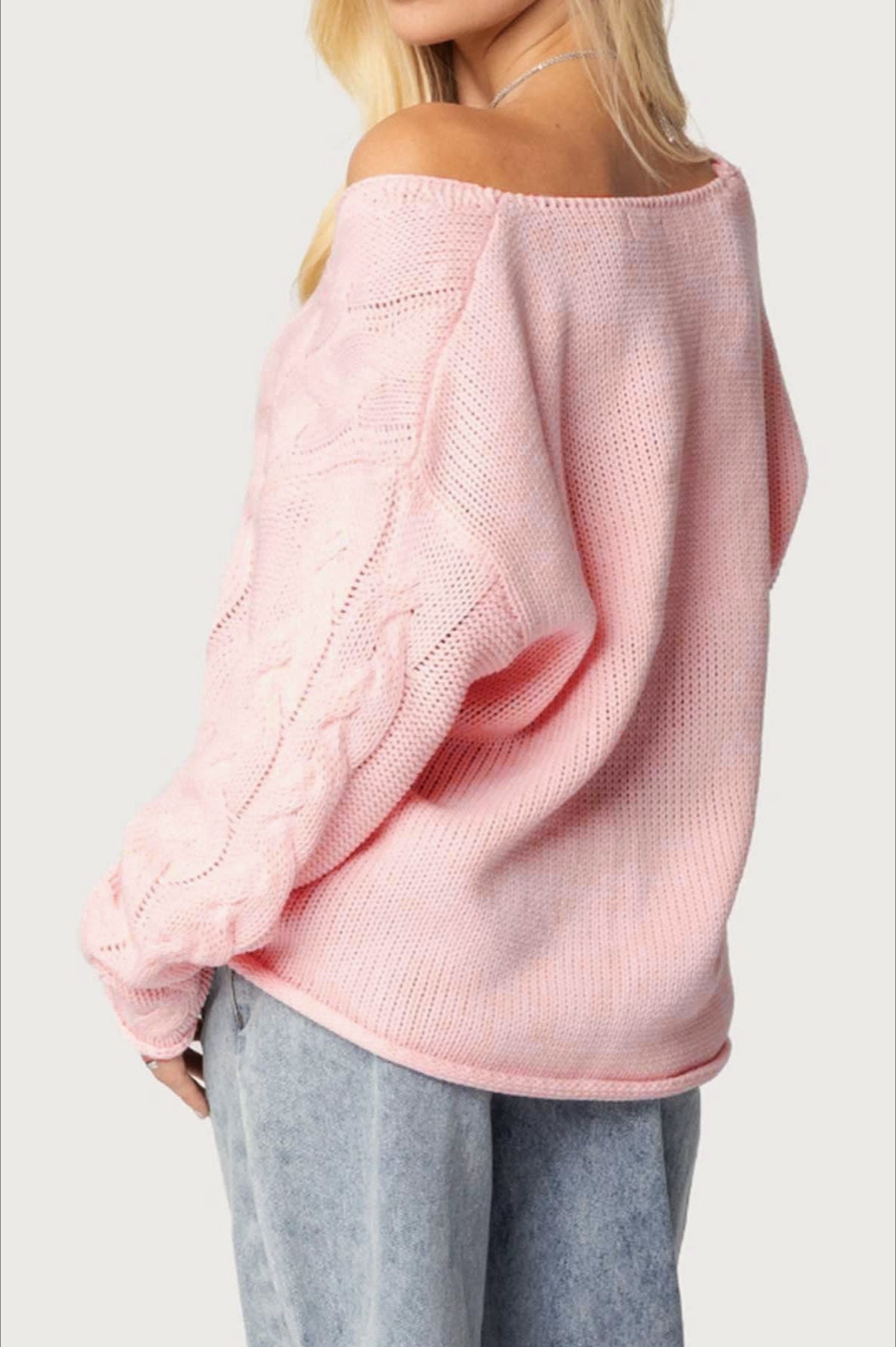 Color V-neck Cable-knit Loose Sweater