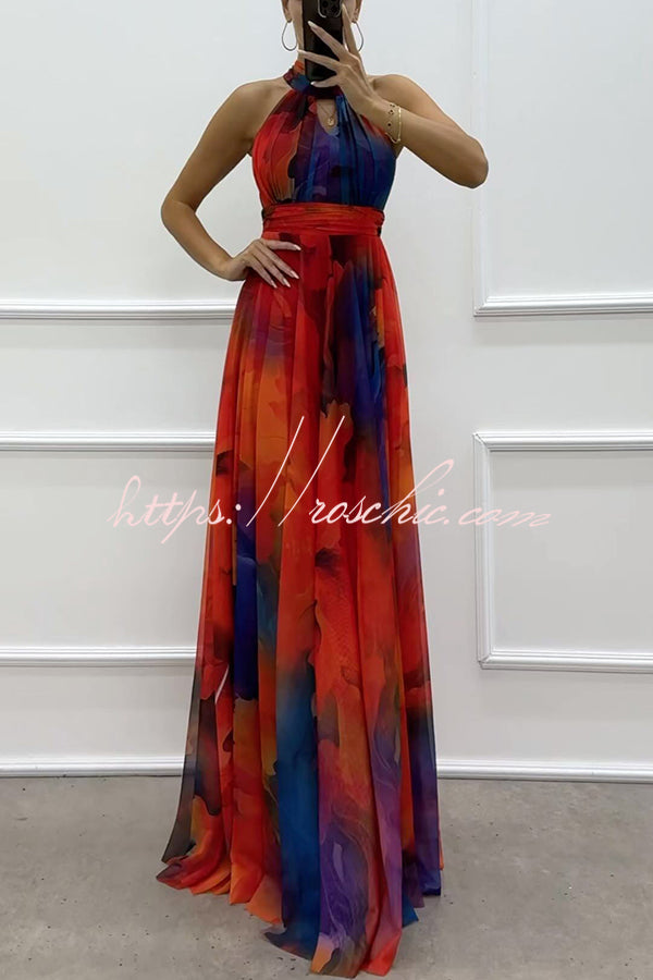 Elaine Tulle Splash Print Cutout Halter Tie-up Neck Gown Maxi Dress