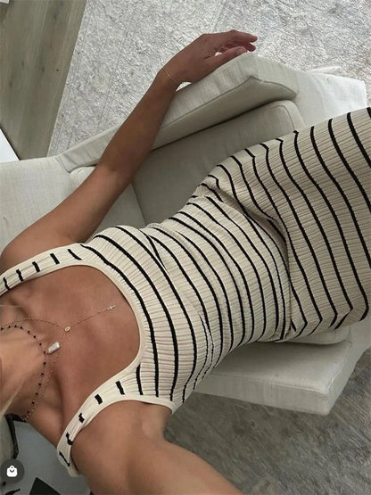 Striped Knit Backless Maxi Dress for Scoop Neck Sleeveless Slim Party Dress Spaghetti Holiday Beach Dress
