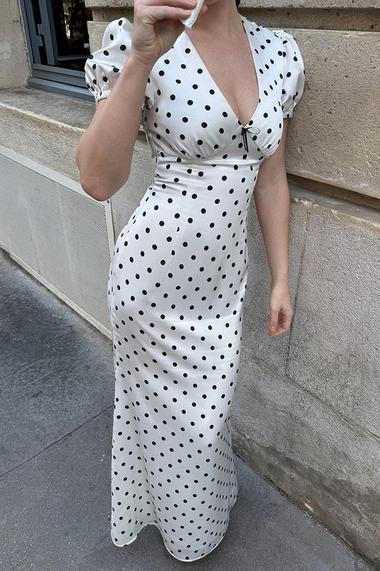 Polka Dot V-neck Puff Sleeve Waist Tie Bodycon Maxi Dress