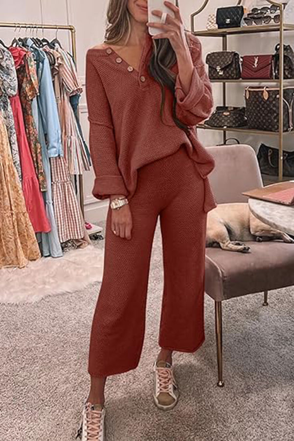 Heather Hailey Color Button V Neck Top and Pant Two Piece Set