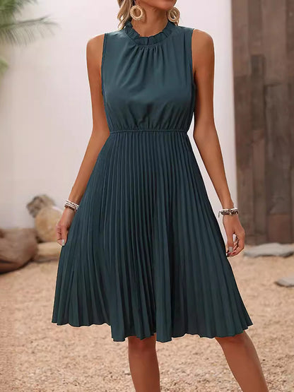 A-line Loose Elasticity Pleated Color Split-joint Mock Neck Midi Dresses