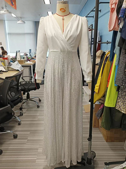 Splice Sequins Maxi Dresses for Folds Loose V Neck Dress Femme Party Evening Dresses
