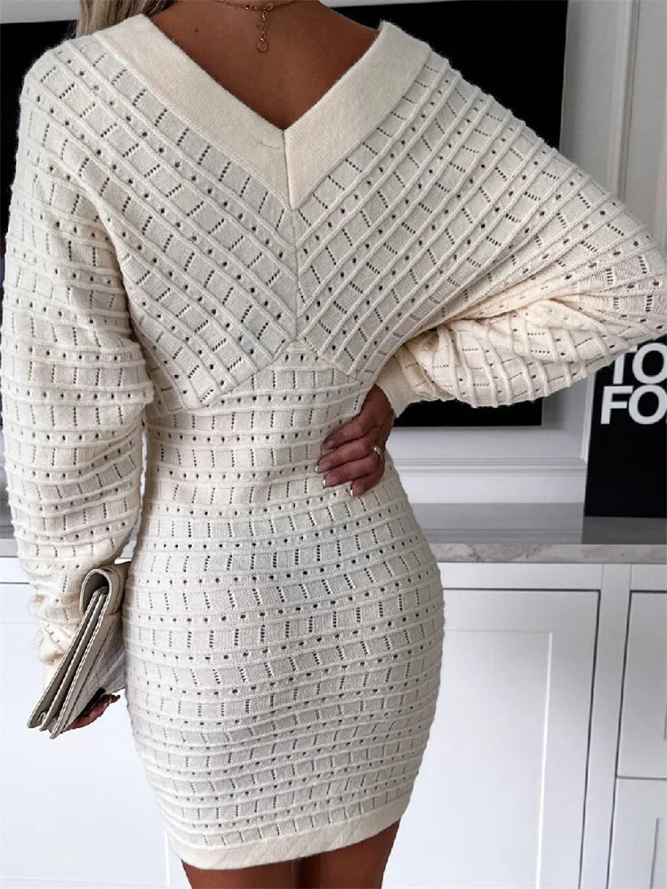 Knitwear V-neck Hollow Out Dress for See-through Loose Long Sleeve See-through Dress Female Mini Dress