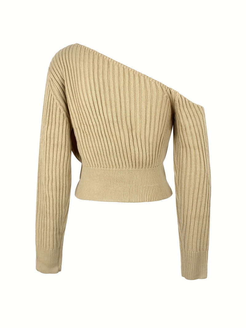 Ribbed Asymmetrical Neck Knit Crop Sweater Fg9874