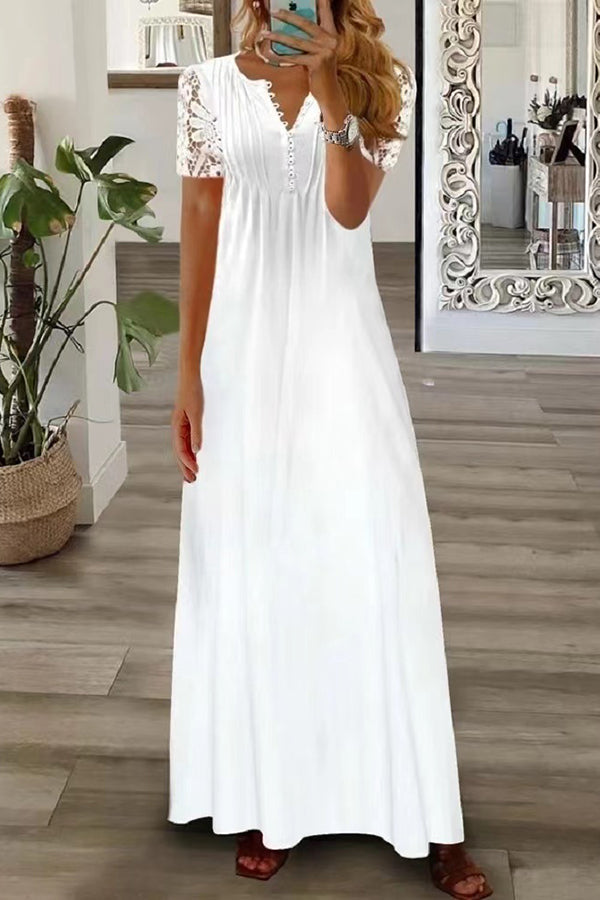 V Neck Button Lace Sleeve Holiday Beach Maxi Dress