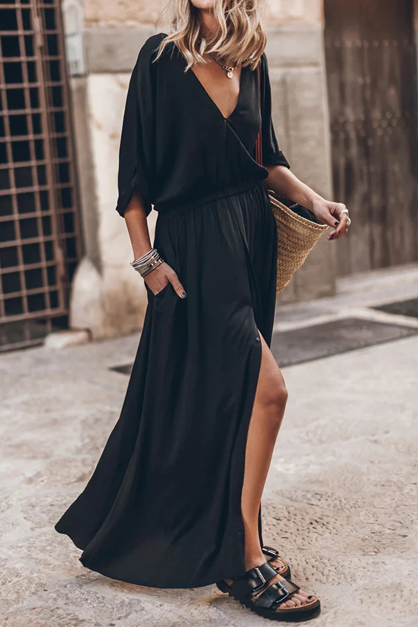 Soft and Kimono Sleeve Stretchy Waist Pocketed Slit Maxi Dress