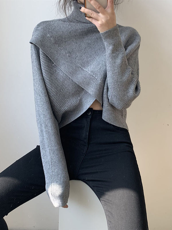Urban White High-neck Split-front Long Sleeve Crop Sweater An1034