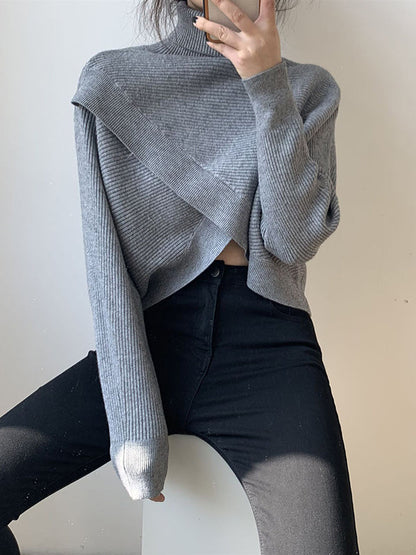 Urban White High-neck Split-front Long Sleeve Crop Sweater An1034