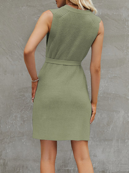 A-line Loose Color Split-side Tied Waist Round-neck Mini Dresses Sweater Dresses