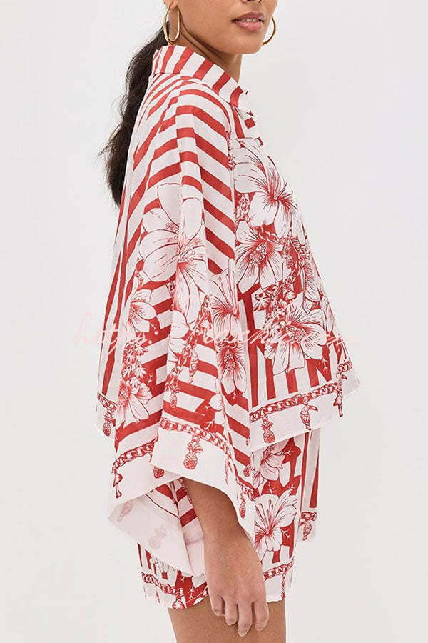 Like Paradise Print Wide Sleeve Shirt and Elastic Waist Pocketed Shorts Set