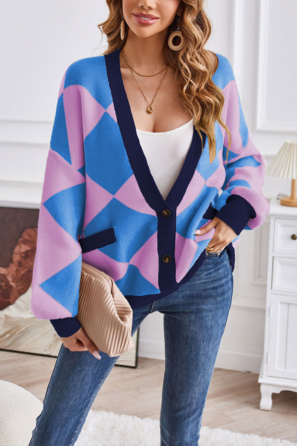 V-neck Geometric Patchwork Contrasting Knitted Cardigan Loose Jacket