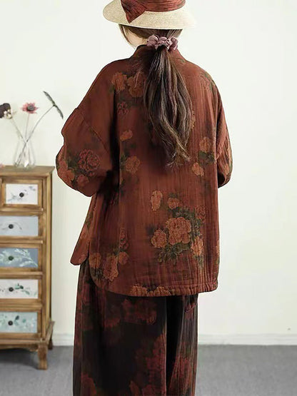 Autumn Flower Buckle Cotton Stand Collar Coat Ba1046