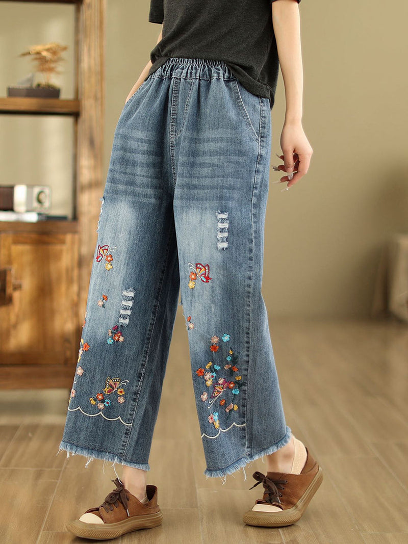 Summer Retro Embroidery Frayed Straight Denim Pants As1042