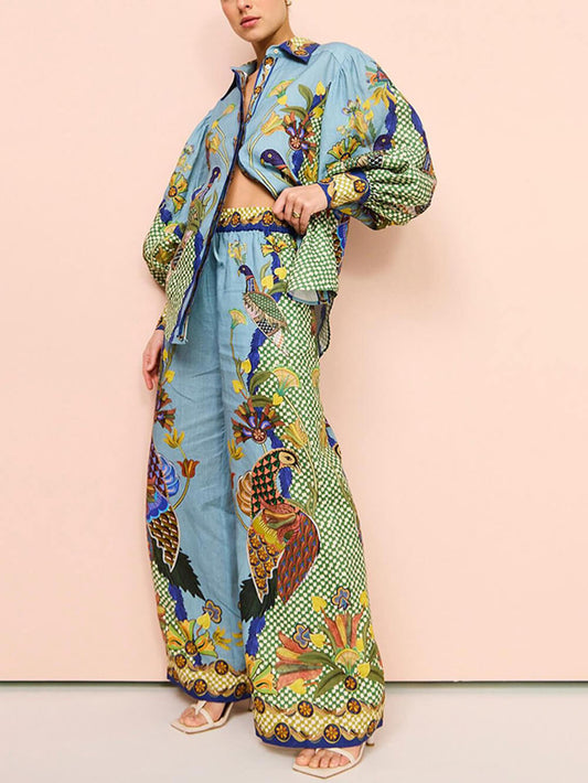 Printed Puff Sleeve Shirt Two-piece Set