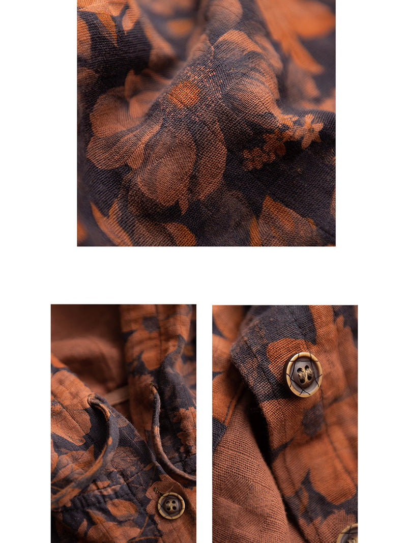 Autumn Flower Button Cotton Linen Hooded Coat Ah1013