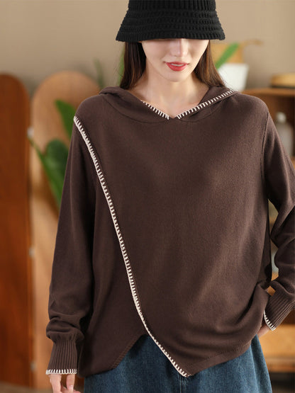 Autumn Split Hem Knit Hooded Blouse Ai1066