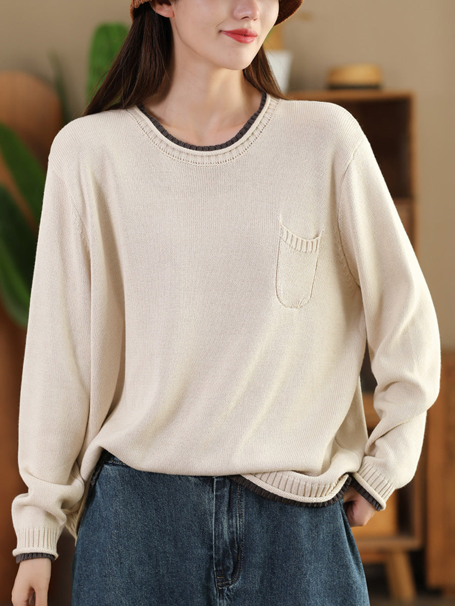 Autumn Colorblock O-neck Cotton Knit Blouse Ai1068
