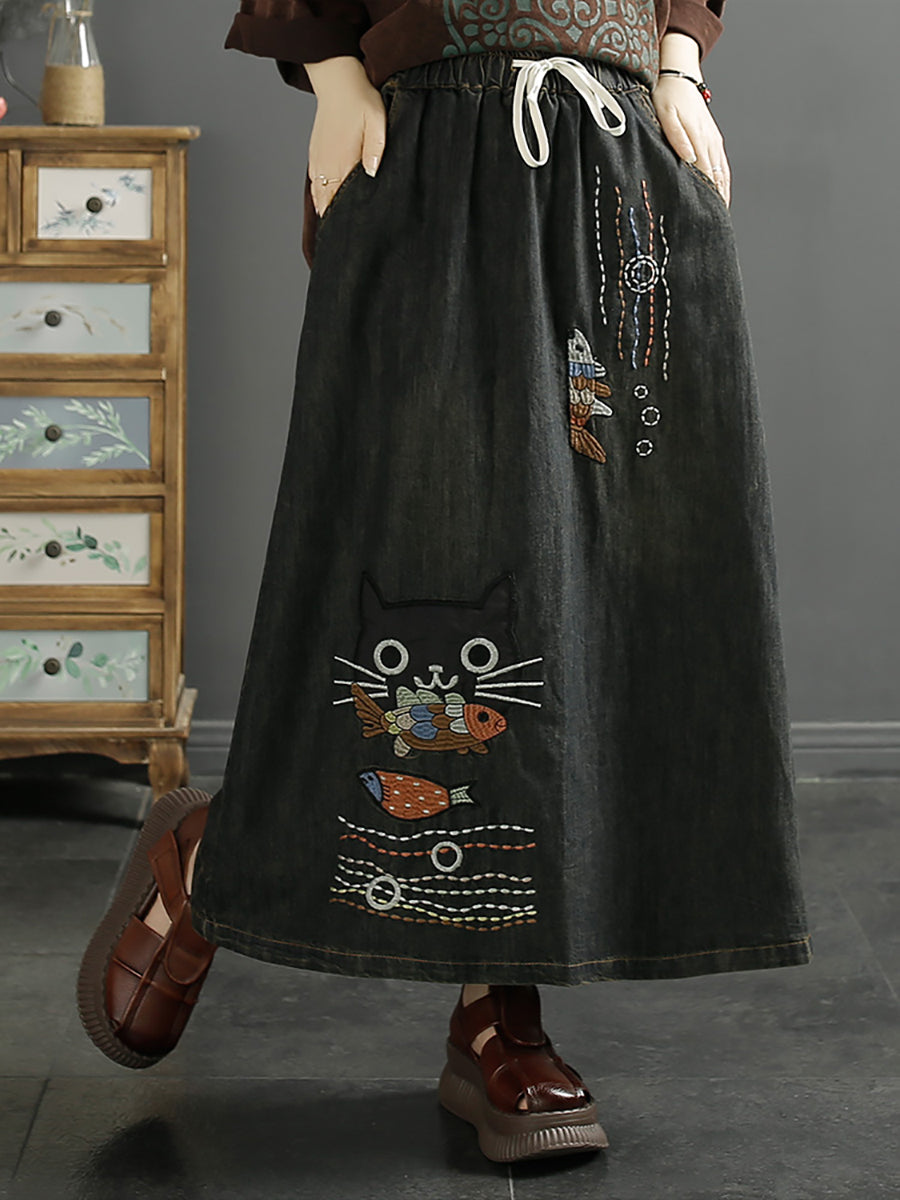 Summer Cat Fish Embroidery Denim Skirt Kl1008